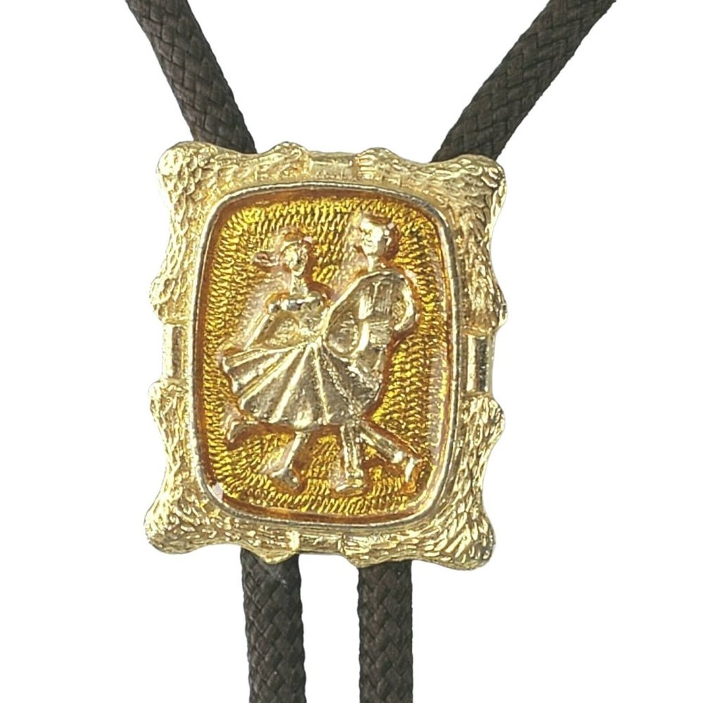 Vintage Square Dance Western Couple Gold Tone BOLO Tie Country Cowboy Necklace